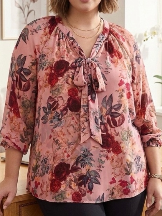 torrid Tops - Torrid Pink Floral Blouse with Tie-Neck 🌹